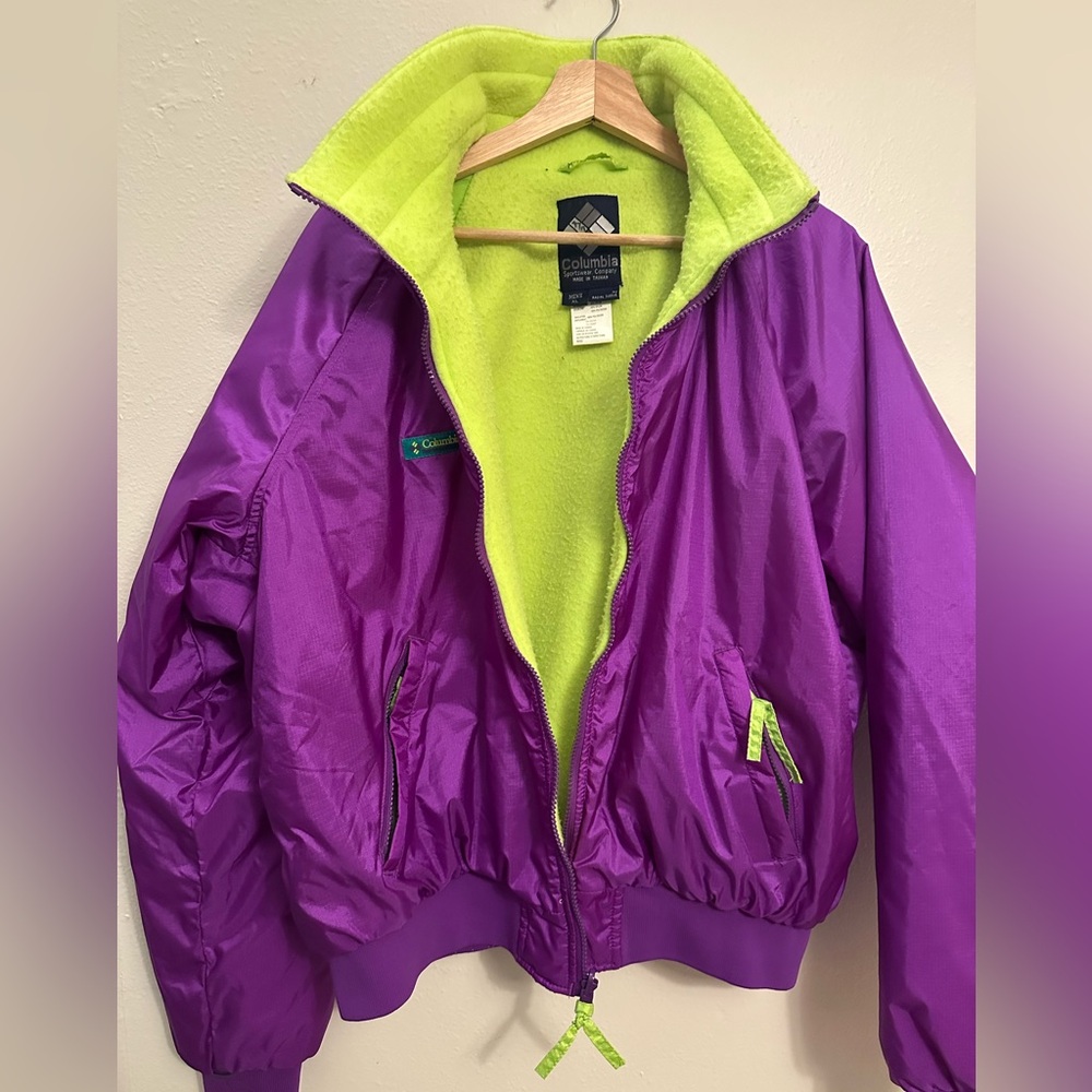Columbia Men’s 1990’s Vibrant Purple Neon green winter jacket XL - Picture 3 of 6